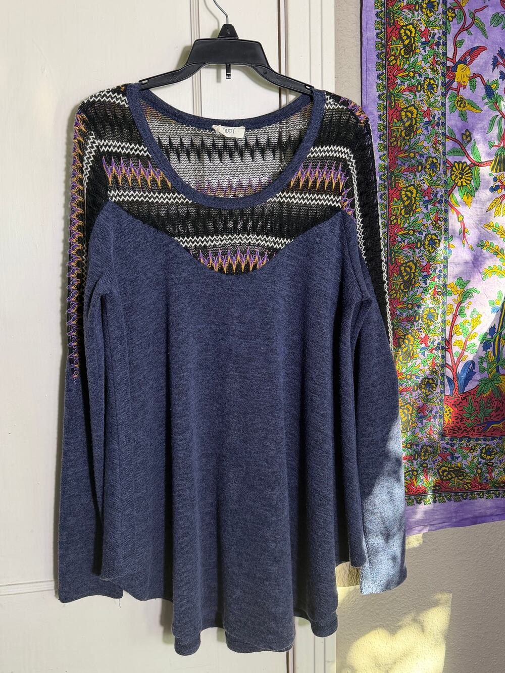 Oddi Boho Knit Top Small Blue Long Sleeve Crochet Yoke Festival Peasant Blouse